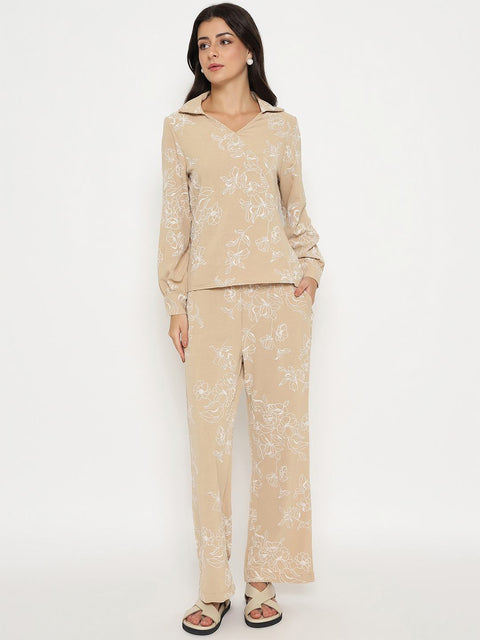 Madame Floral Print Top and Bottoms Beige Co-ord Set