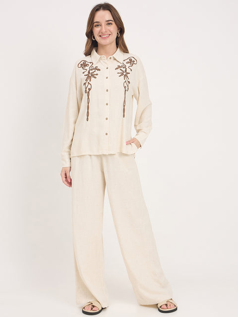 Madame Beige Embroidered Rayon Linen Full Sleeve Shirt