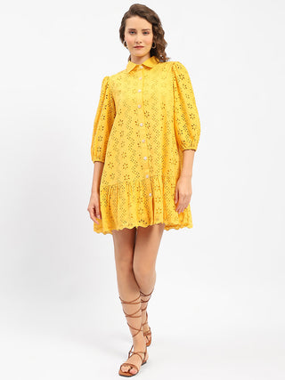 Madame Schiffli Mustard Yellow Tiered Shirt Dress
