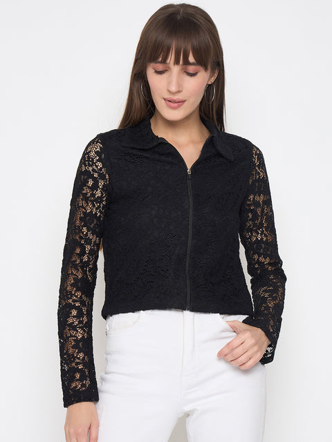Madame Lace Zipper Cotton Blend Solid Black Top