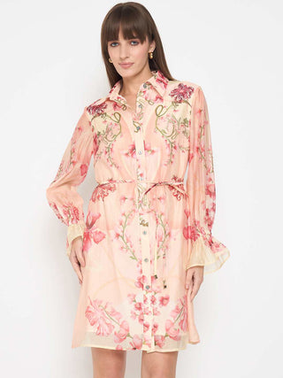 Madame Floral Print Peach Midi Shirt Dress