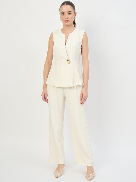 Madame Off White Sleeveless Round Neck Co-ord Set