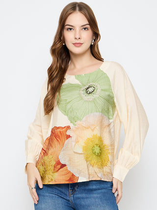 Madame Floral Print Rayon Blend Off White Top