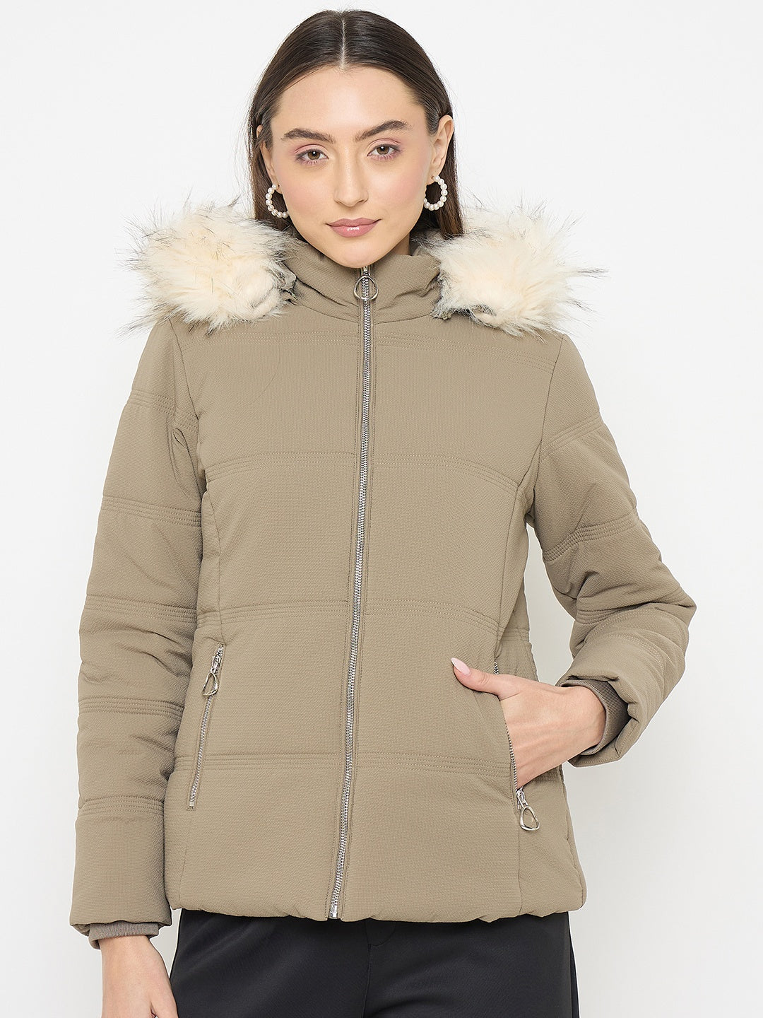 Madame Faux Fur Olive Green Puffer Jacket color swatch