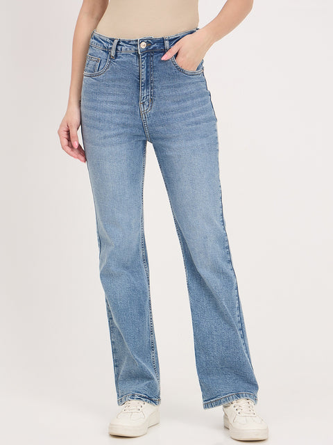 Madame Light Blue Cotton Flared Double Wash Jeans