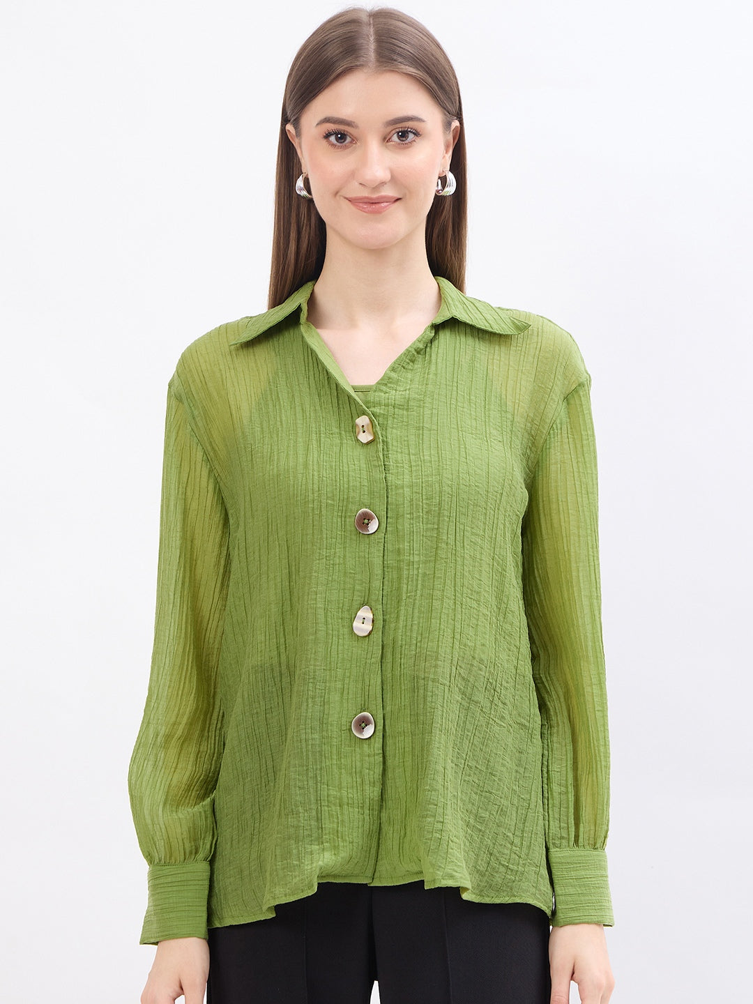Madame Textured Green Lyocell Blend Shirt color swatch