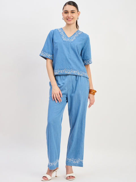 Madame Mid Blue Cotton Short Sleeve Co-ord Set Top