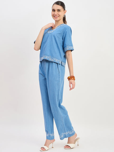 Madame Mid Blue Cotton Short Sleeve Co-ord Set Top