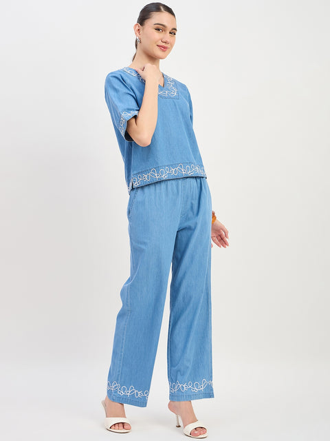 Madame Mid Blue Cotton Short Sleeve Co-ord Set Top