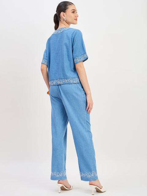 Madame Mid Blue Cotton Short Sleeve Co-ord Set Top