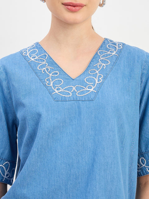 Madame Mid Blue Cotton Short Sleeve Co-ord Set Top