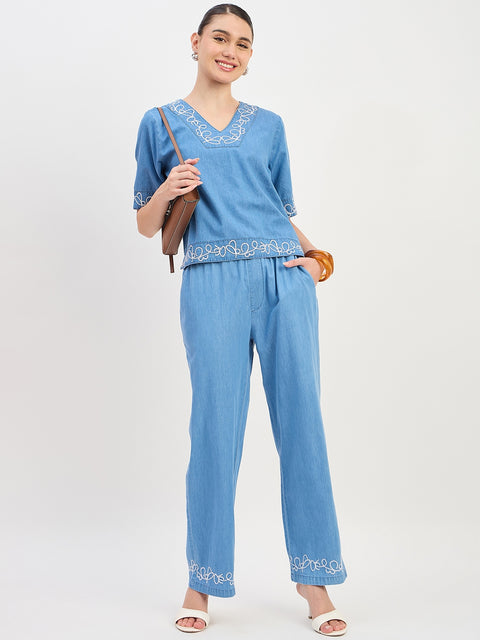 Madame Mid Blue Cotton Short Sleeve Co-ord Set Top