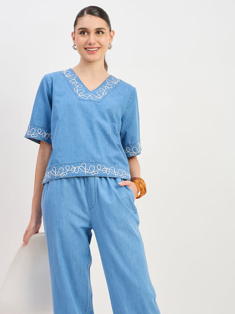 Madame Mid Blue Cotton Short Sleeve Co-ord Set Top