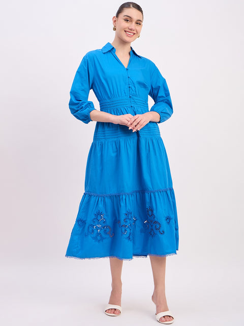 Madame Blue Embroidered Cotton Puff Sleeve Maxi Dress