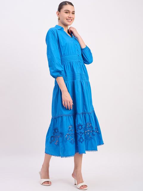 Madame Blue Embroidered Cotton Puff Sleeve Maxi Dress
