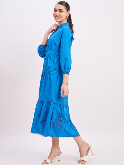 Madame Blue Embroidered Cotton Puff Sleeve Maxi Dress