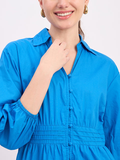 Madame Blue Embroidered Cotton Puff Sleeve Maxi Dress