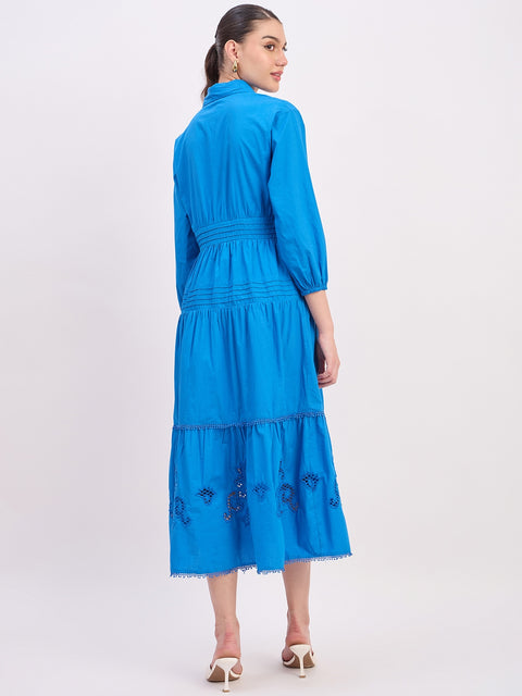 Madame Blue Embroidered Cotton Puff Sleeve Maxi Dress