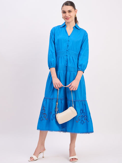 Madame Blue Embroidered Cotton Puff Sleeve Maxi Dress
