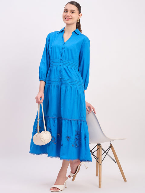 Madame Blue Embroidered Cotton Puff Sleeve Maxi Dress