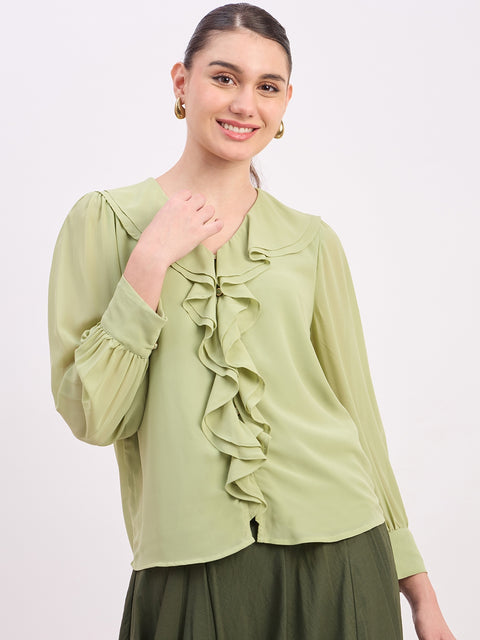 Madame Green Ruffled V-Neck Full Sleeve Top