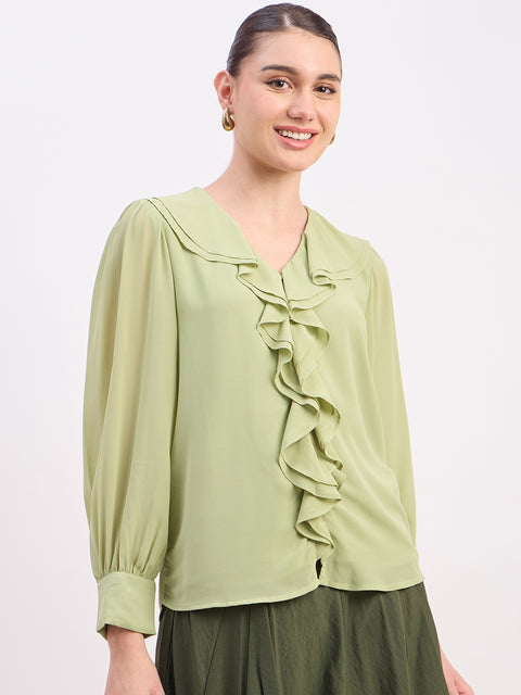 Madame Green Ruffled V-Neck Full Sleeve Top