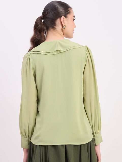 Madame Green Ruffled V-Neck Full Sleeve Top