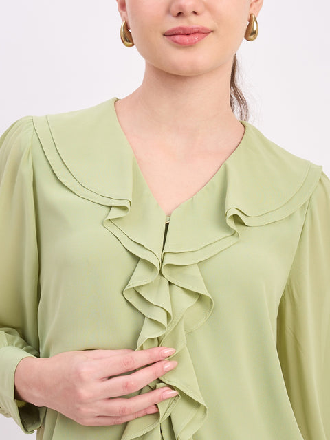 Madame Green Ruffled V-Neck Full Sleeve Top