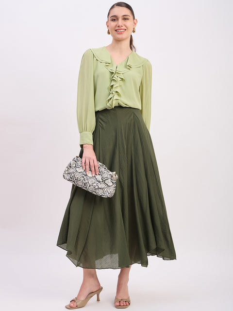 Madame Green Ruffled V-Neck Full Sleeve Top