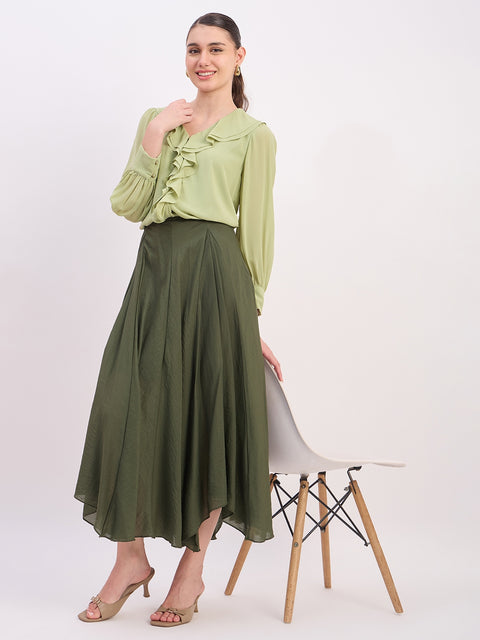 Madame Green Ruffled V-Neck Full Sleeve Top