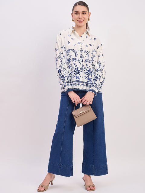 Madame Blue Printed Full Sleeve Shirt