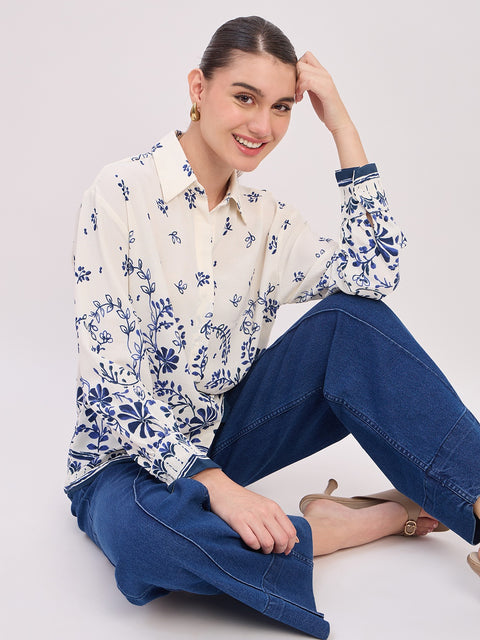 Madame Blue Printed Full Sleeve Shirt