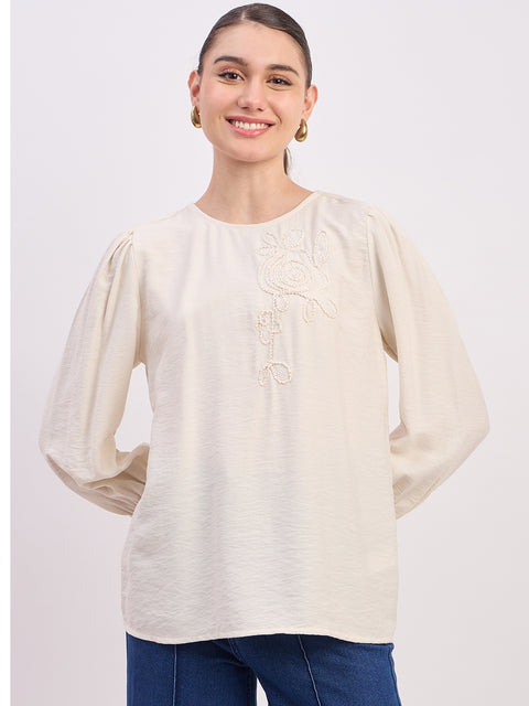 Madame Ivory Rayon Patch Detail Round Neck Full Sleeve Top