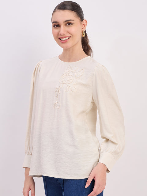 Madame Ivory Rayon Patch Detail Round Neck Full Sleeve Top