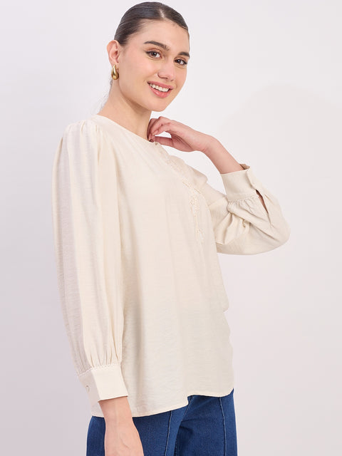 Madame Ivory Rayon Patch Detail Round Neck Full Sleeve Top