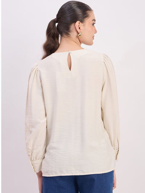 Madame Ivory Rayon Patch Detail Round Neck Full Sleeve Top