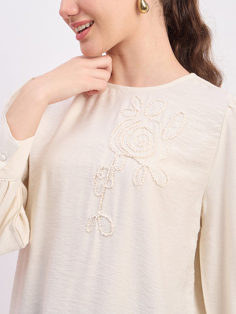 Madame Ivory Rayon Patch Detail Round Neck Full Sleeve Top