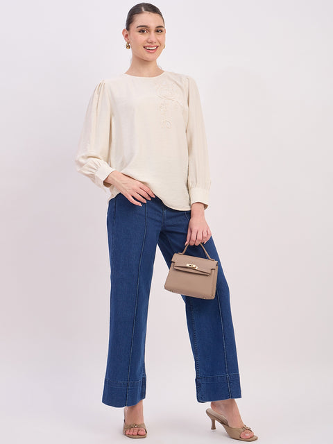 Madame Ivory Rayon Patch Detail Round Neck Full Sleeve Top