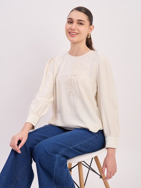 Madame Ivory Rayon Patch Detail Round Neck Full Sleeve Top
