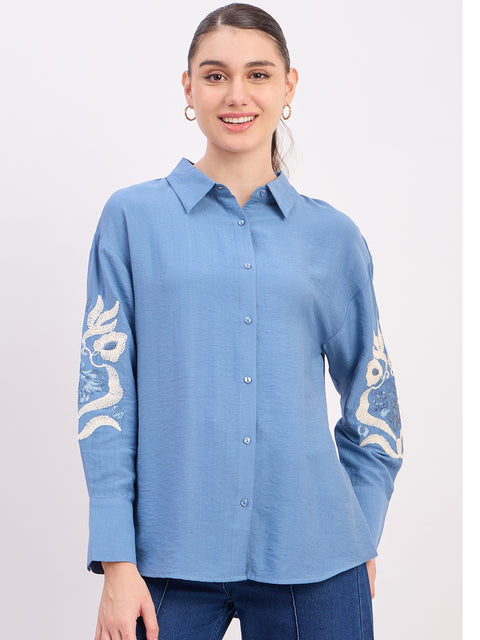 Madame Sky Blue Embroidered Rayon Full Sleeve Shirt