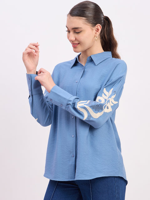Madame Sky Blue Embroidered Rayon Full Sleeve Shirt