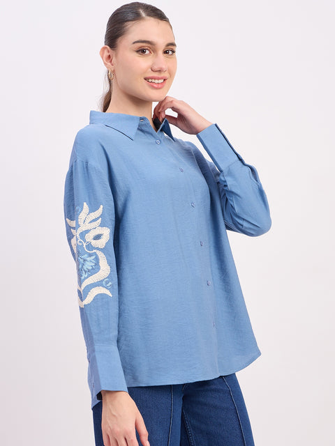 Madame Sky Blue Embroidered Rayon Full Sleeve Shirt