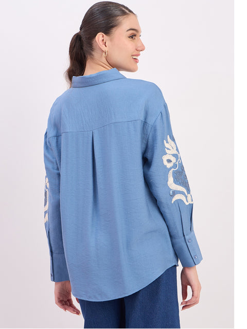 Madame Sky Blue Embroidered Rayon Full Sleeve Shirt