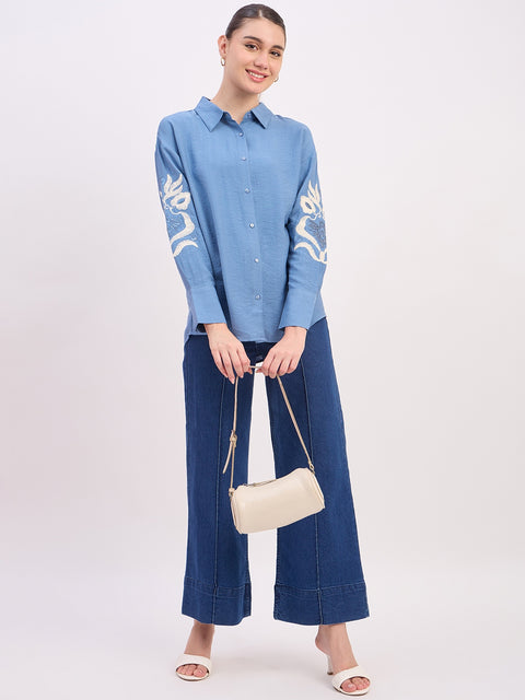 Madame Sky Blue Embroidered Rayon Full Sleeve Shirt