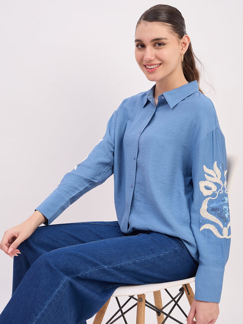 Madame Sky Blue Embroidered Rayon Full Sleeve Shirt