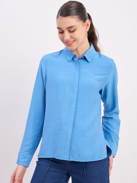 Madame Sky Blue Textured Rayon Full Sleeve Shirt