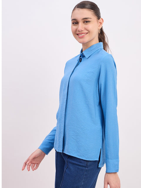 Madame Sky Blue Textured Rayon Full Sleeve Shirt