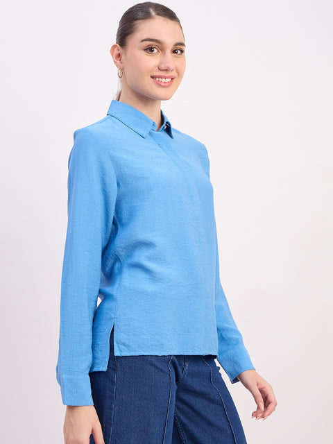 Madame Sky Blue Textured Rayon Full Sleeve Shirt