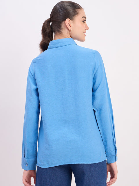 Madame Sky Blue Textured Rayon Full Sleeve Shirt