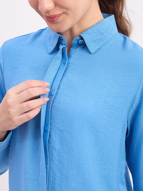 Madame Sky Blue Textured Rayon Full Sleeve Shirt